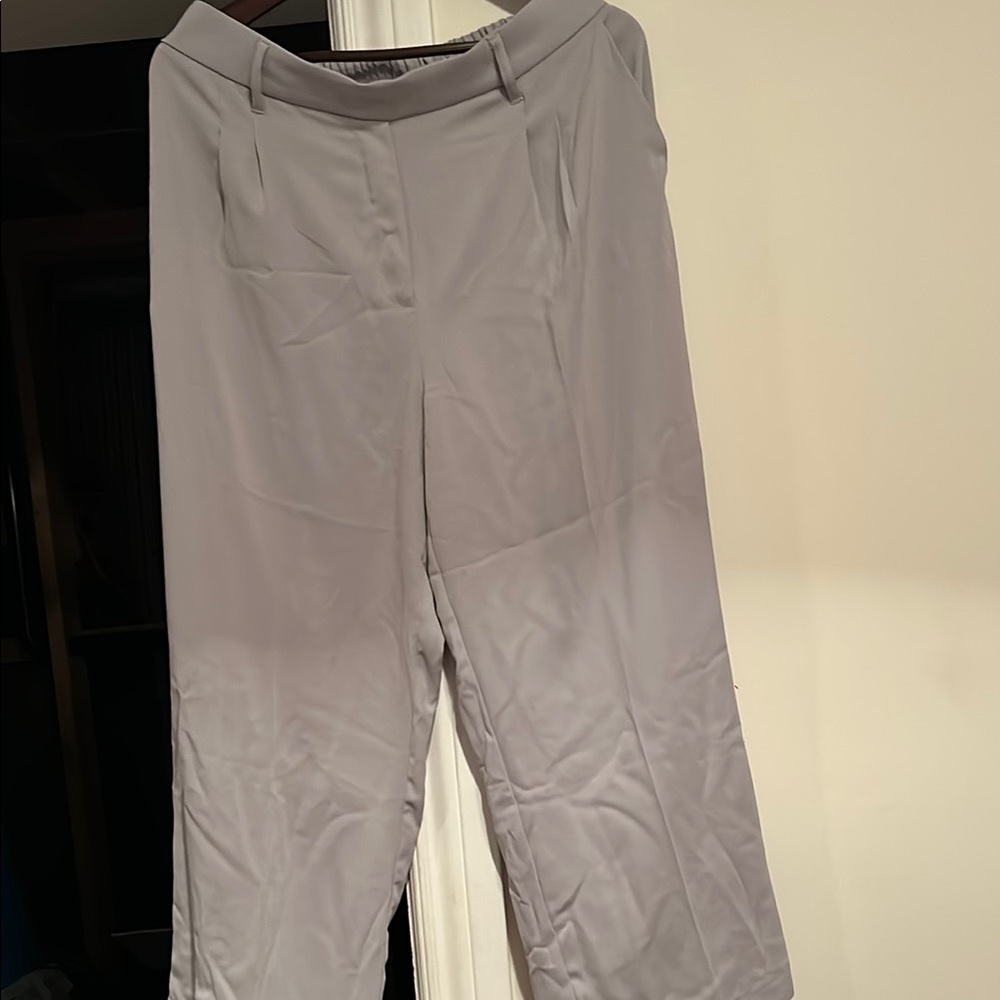 Gray Wide-Leg Trousers with Satin Sheen